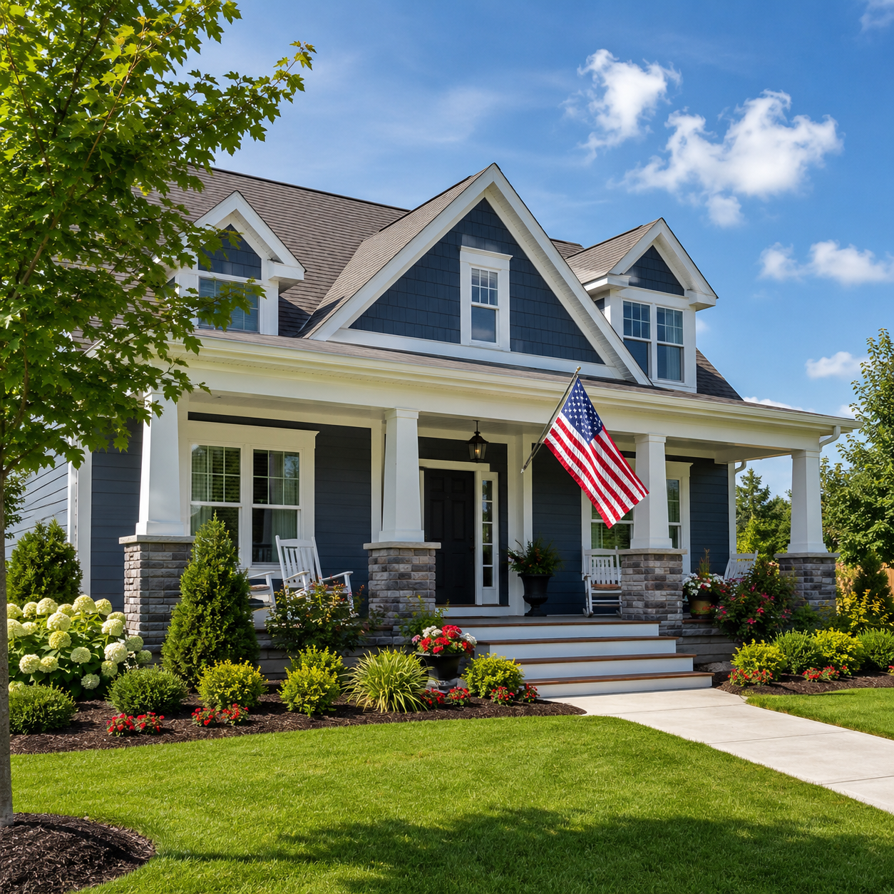 Navy blue craftsman home with white columns, an American flag on the front porch, and lush landscaping under a blue sky